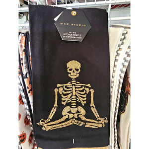Max Studios Kitchen Towels 2 Pk SKELETON SKULLS BLACK GOLD 20 X 28